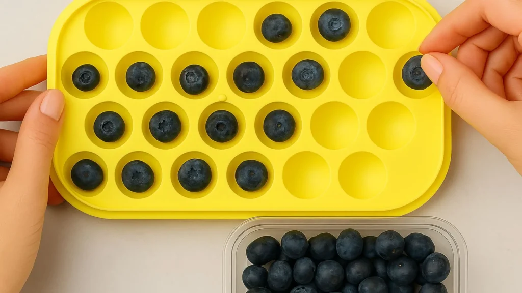 placing blueberries into a yellow ice tray