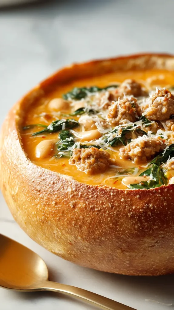 pumpkin sausage soup in a bread bowl