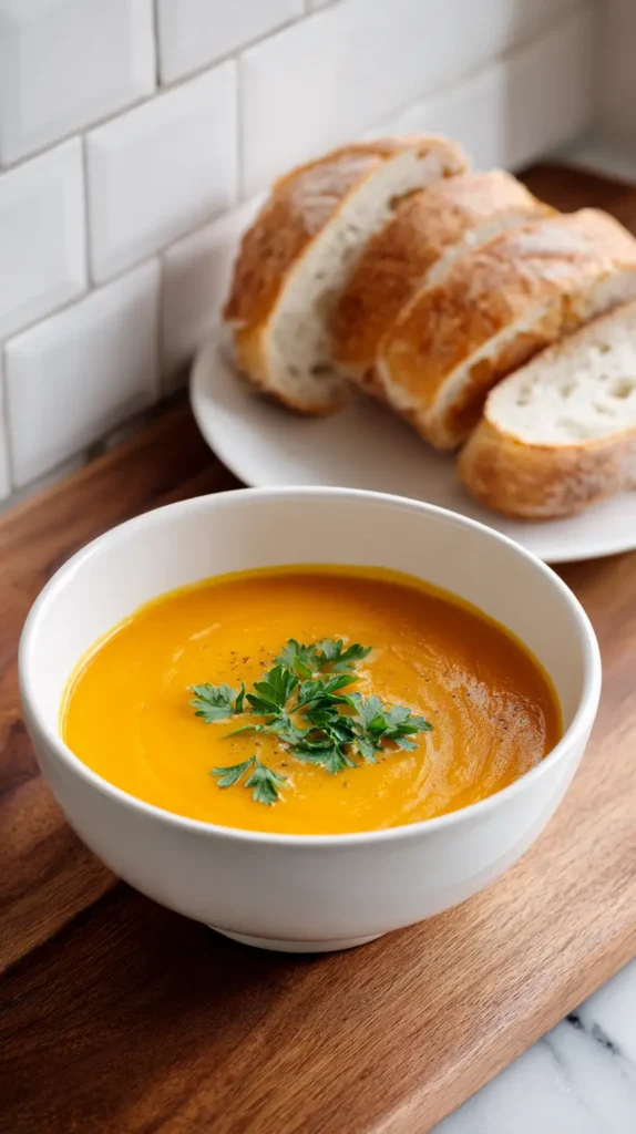 pumpkin carrot soup with bread on the side