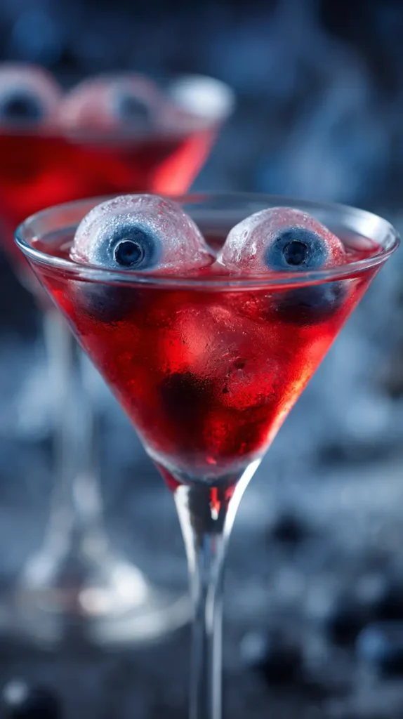 red martini with two blueberry round ice cubes 