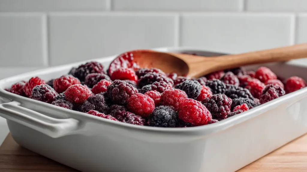 white baking pan full of mixed berries with a wooden spoon