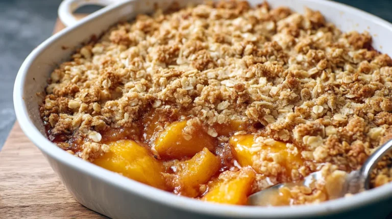 peach crumble in a serving dish