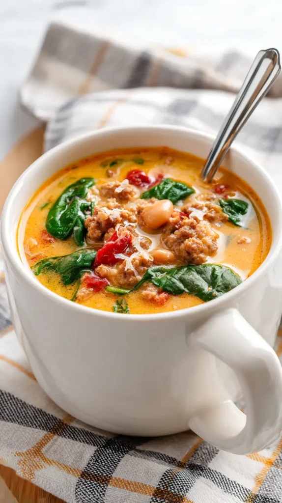pumpkin sausage soup in a mug