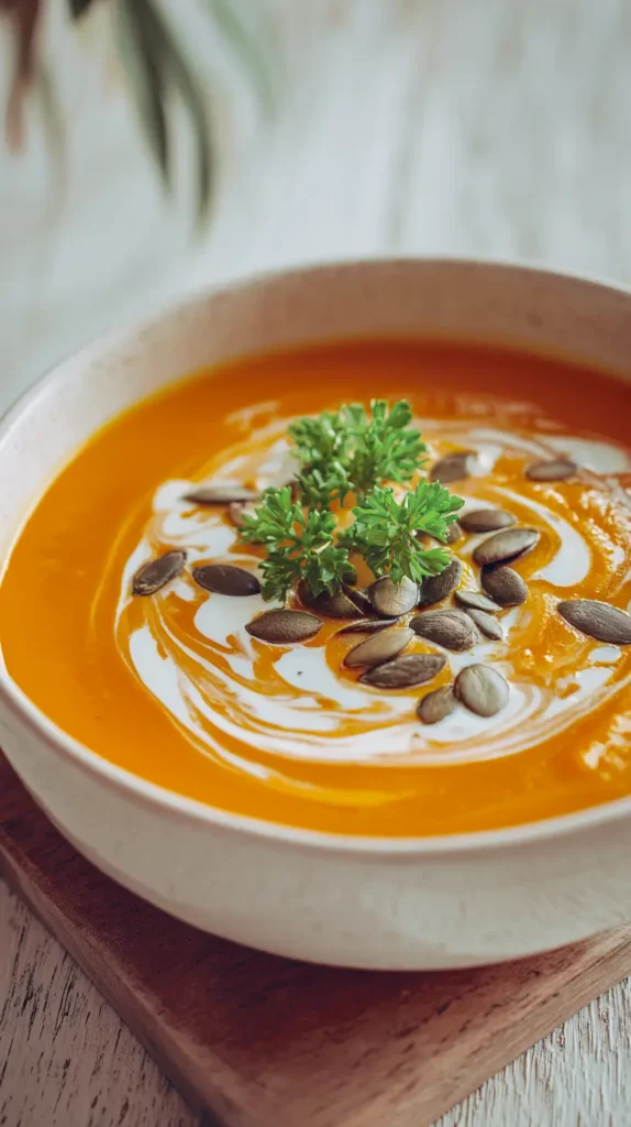 pumpkin carrot soup in a white bowl on the kitchen counter