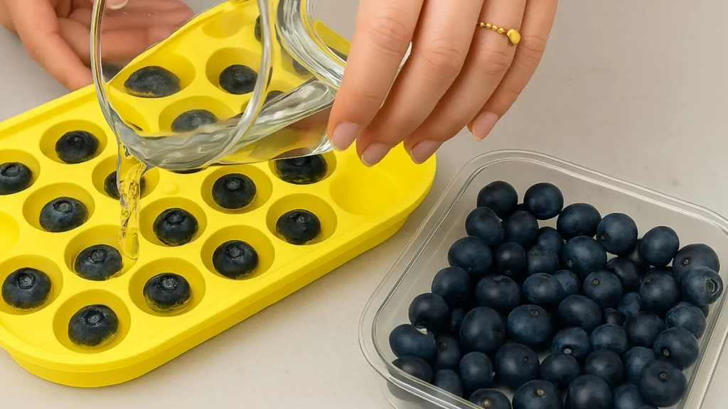 pouring water into the mold containing blueberries