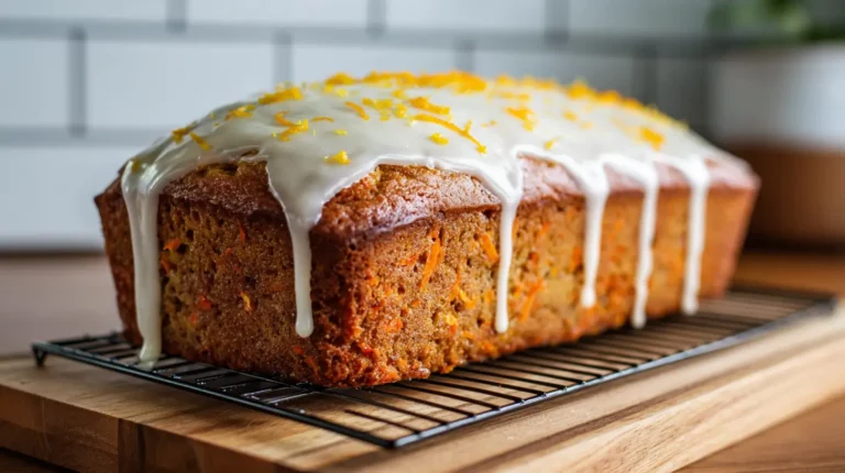 loaf of carrot bread, with orange zest and frosting