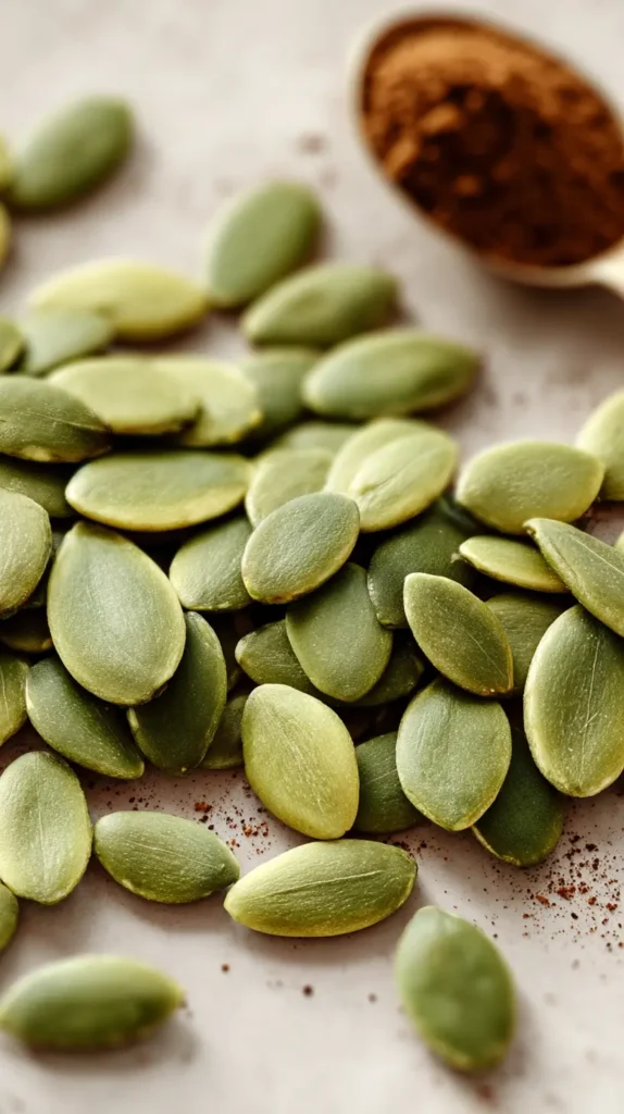 pumpkin seeds with spoon of coffee grounds