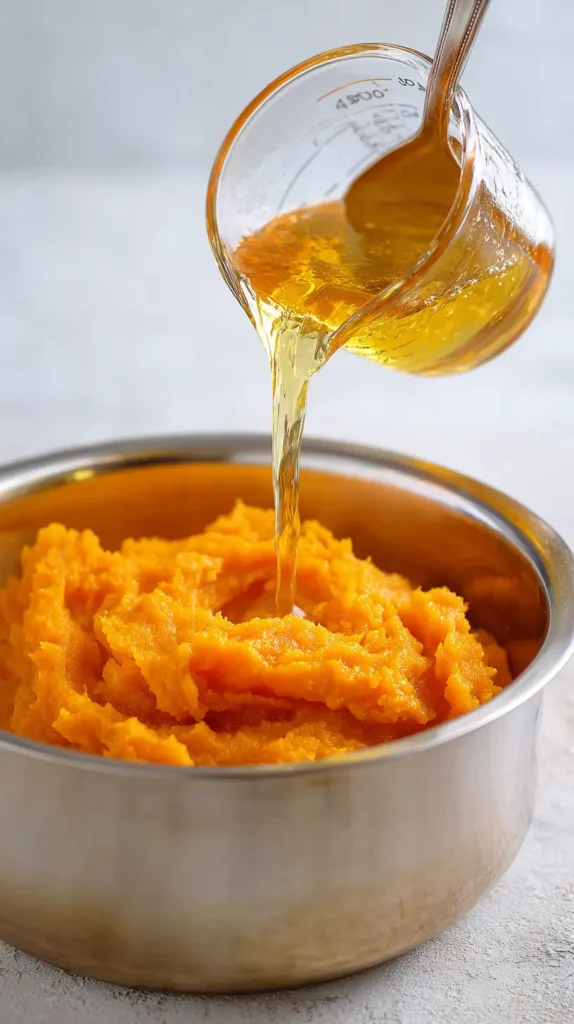 apple cider pouring into pumpkin puree