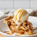 caramel apple crisp pie with a scoop of vanilla ice cream