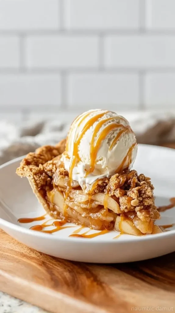 caramel apple crisp pie with a scoop of vanilla ice cream