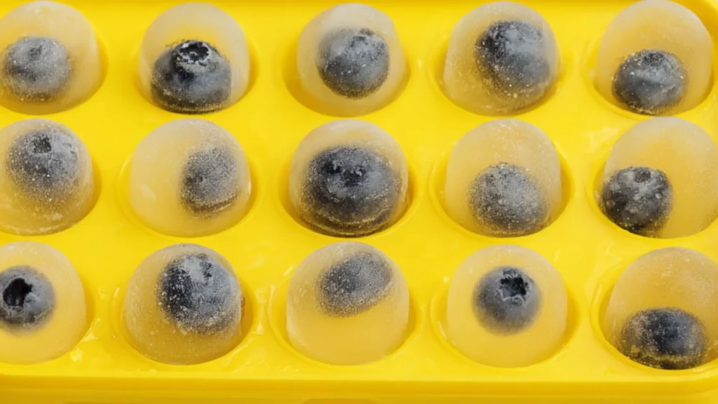 frozen iceballs with blueberries in a yellow silicone mold