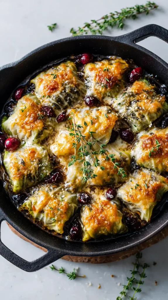 mushroom cabbage rolls in a circular black skillet