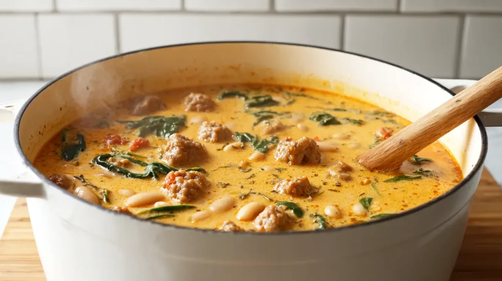 pumpkin sausage soup in a white pot