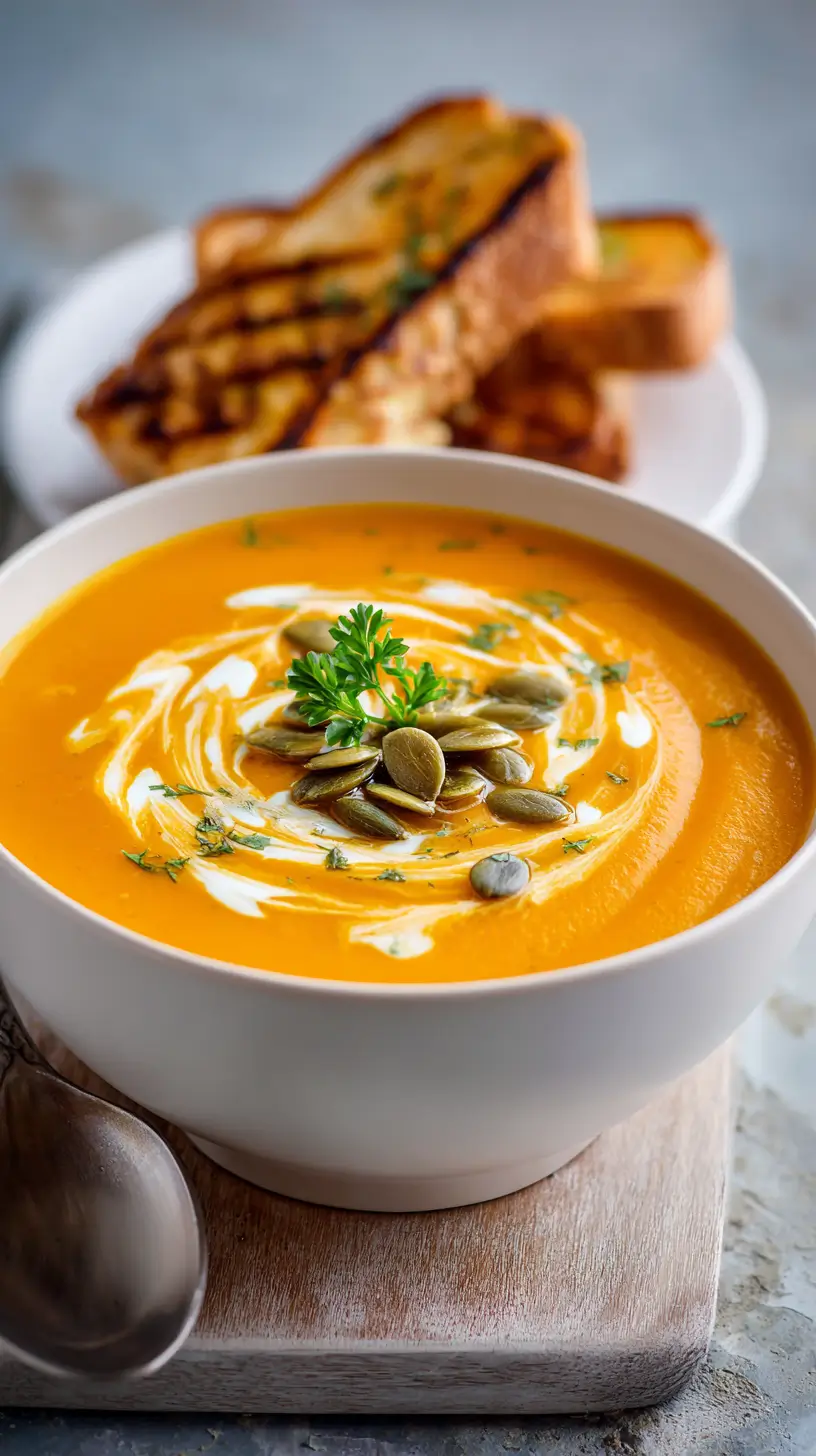 pumpkin carrot soup with toasted bread on the side of the bowl