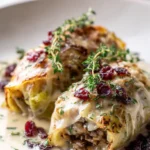 2 mushroom cabbage rolls on a white plate