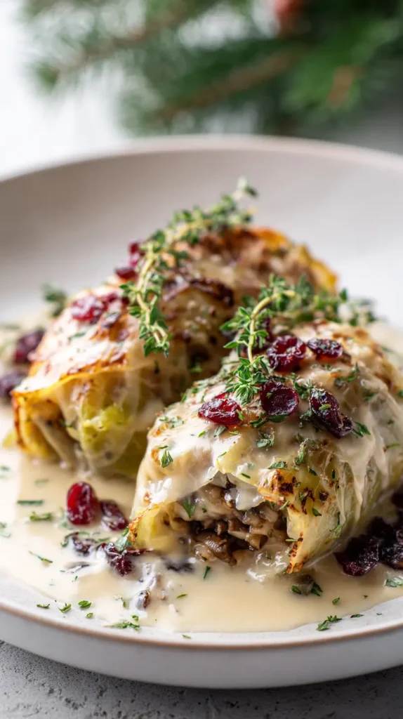 2 mushroom cabbage rolls on a white plate