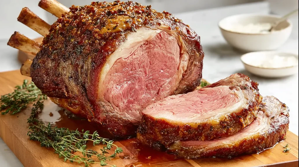 chestnut prime rib roast on block of wood