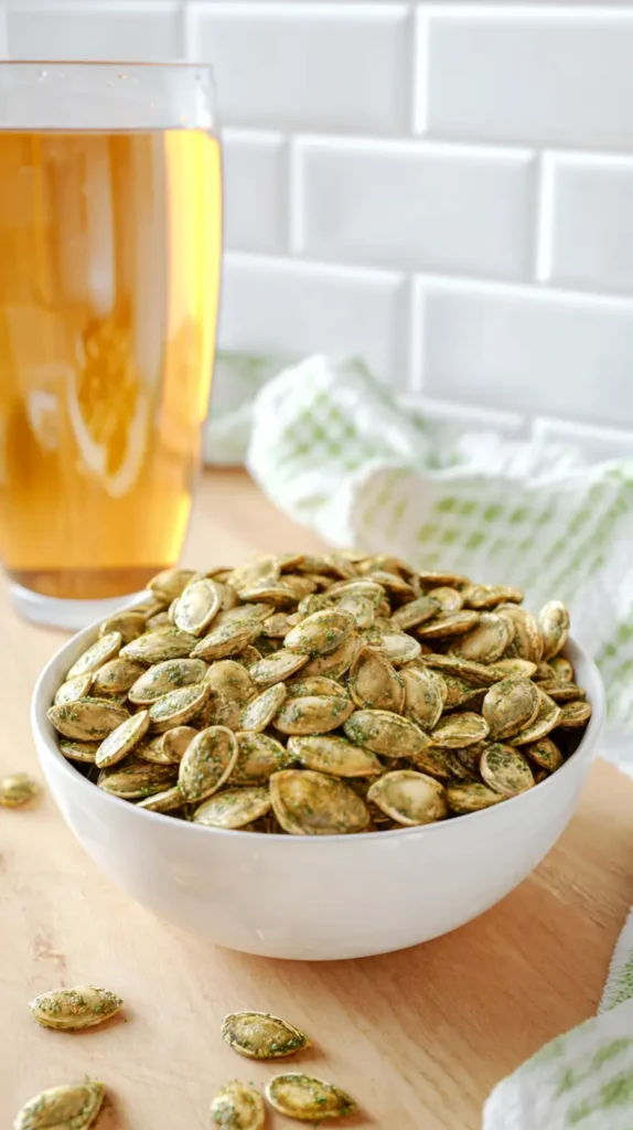dill pickle pumpkin seeds with a glass of apple cider