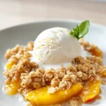peach crumble with scoop of ice cream and mint