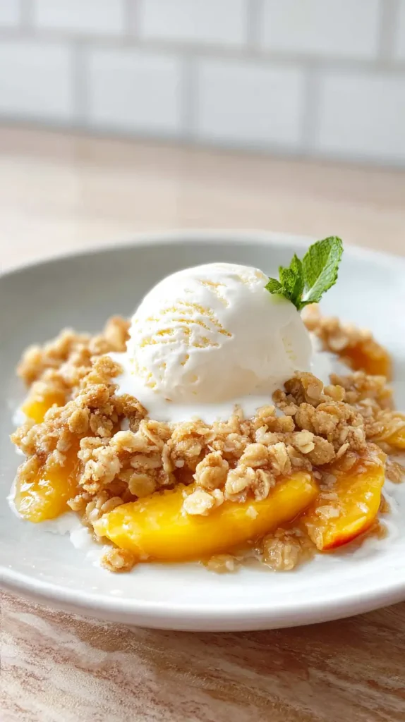 peach crumble with scoop of ice cream and mint
