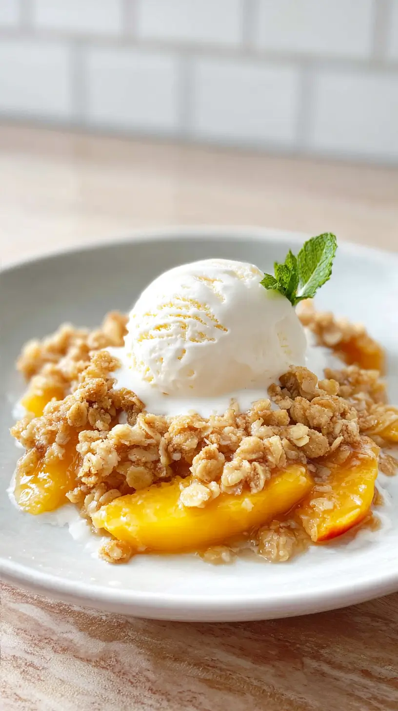 peach crumble with scoop of ice cream and mint