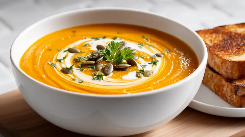 pumpkin carrot soup in a white bowl