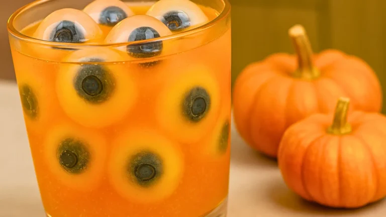 orange soda with blueberry eyeball ice cubes in the glass, two mini pumpkins to the side on the counter