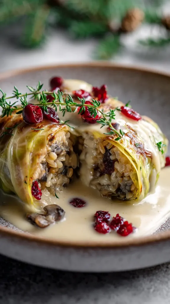 piece missing, revealing the inside, of a mushroom cabbage roll