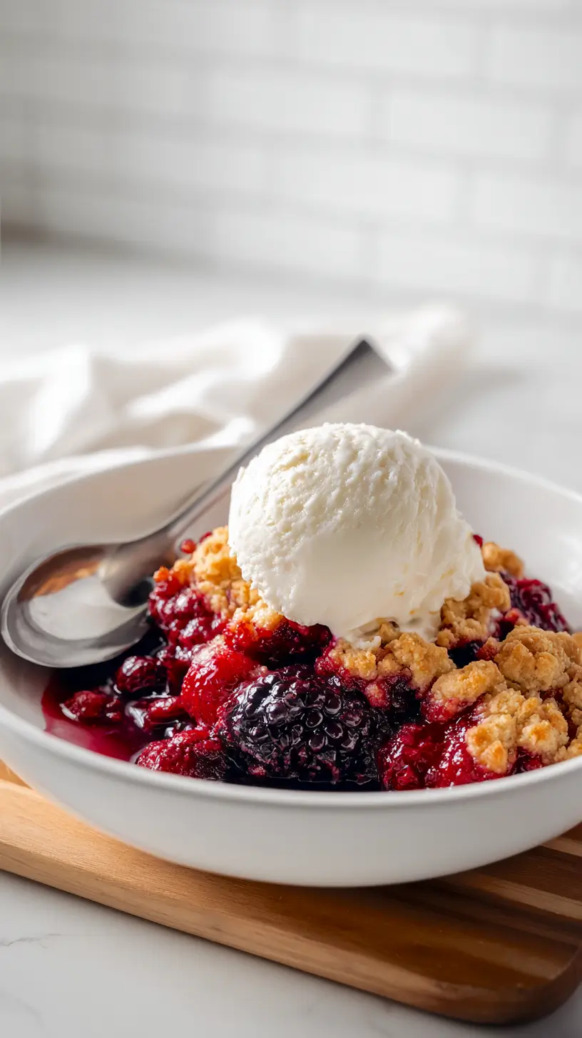 blackberry raspberry cobbler with scoop of vanilla ice cream