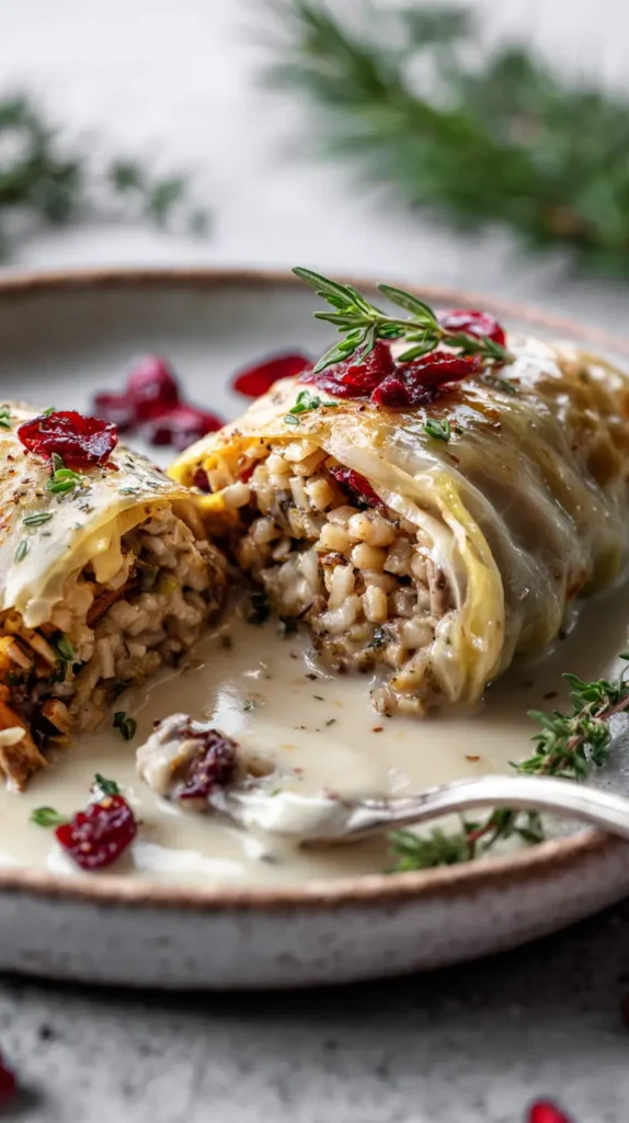split open mushroom cabbage roll on a plate
