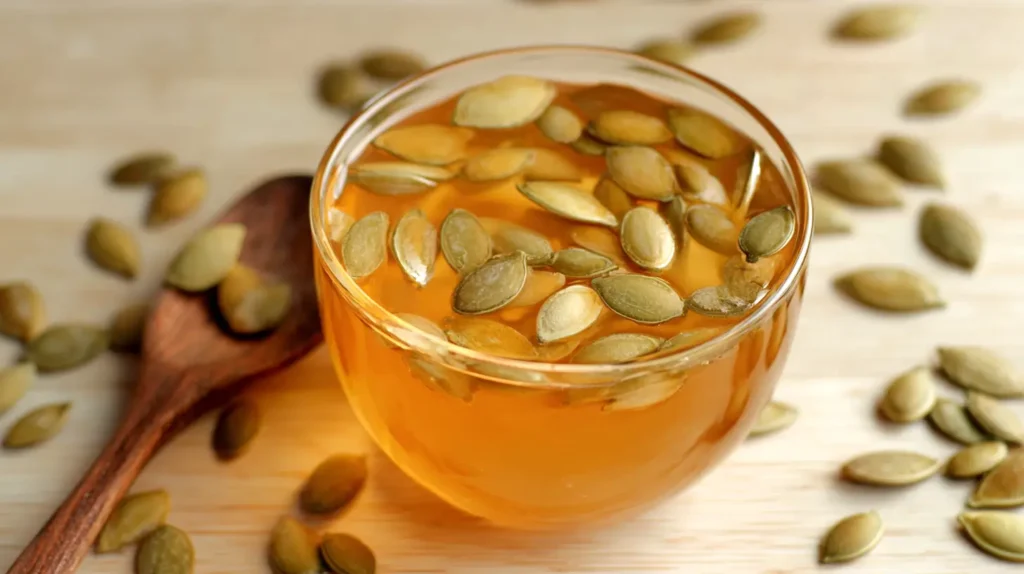 soaking the pumpkin seeds in the glass of apple cider