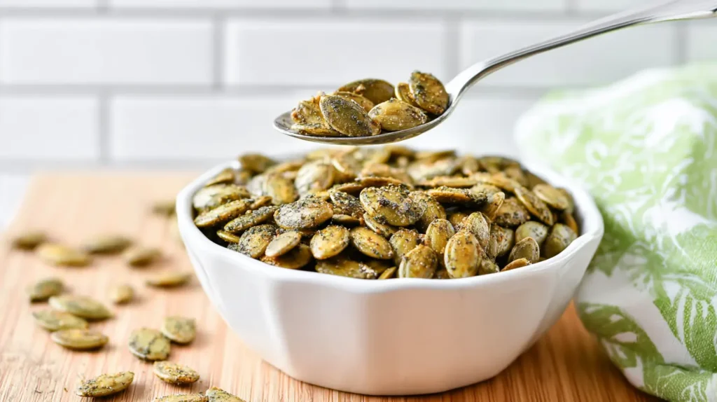 dill pickle pumpkin seeds in a white bowl, with a spoon of seeds