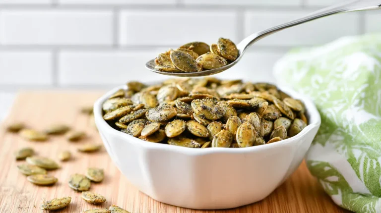 dill pickle pumpkin seeds in a white bowl, with a spoon of seeds