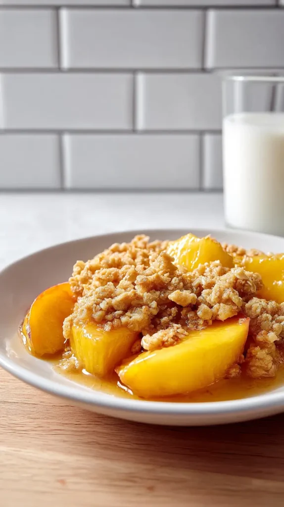 peach crumble with a side of milk in a glass