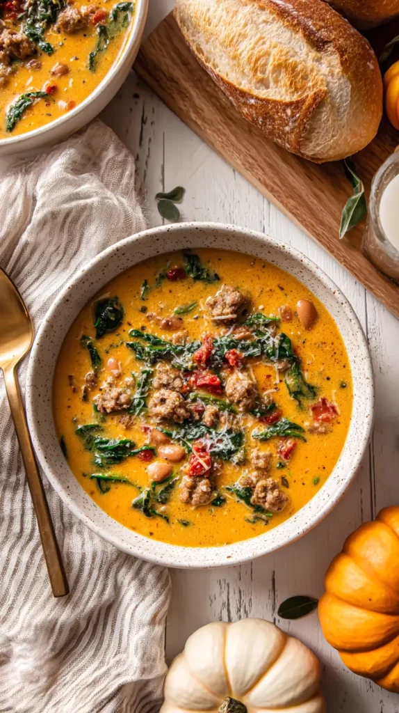 overhead view of a bowl of pumpkin sausage soup in a bowl with seasonal decor around 