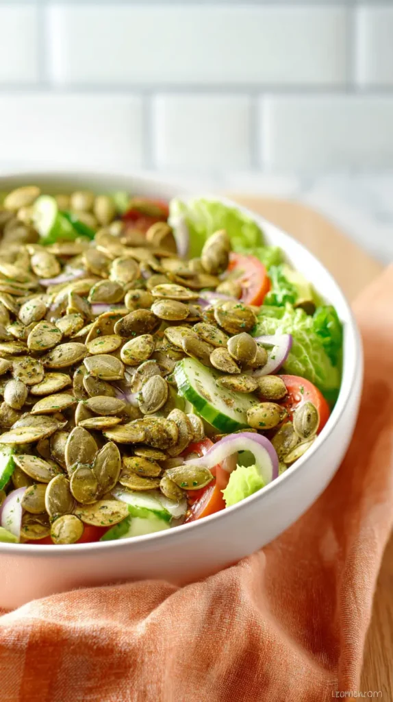 dill pickle pumpkin seeds on a salad