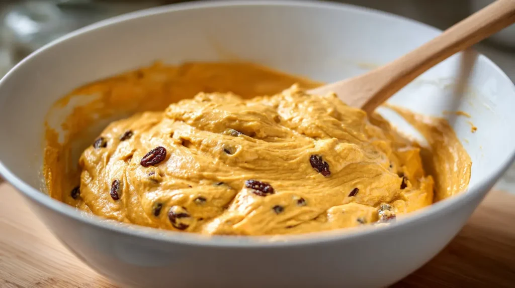 batter with raisins, wooden spoon