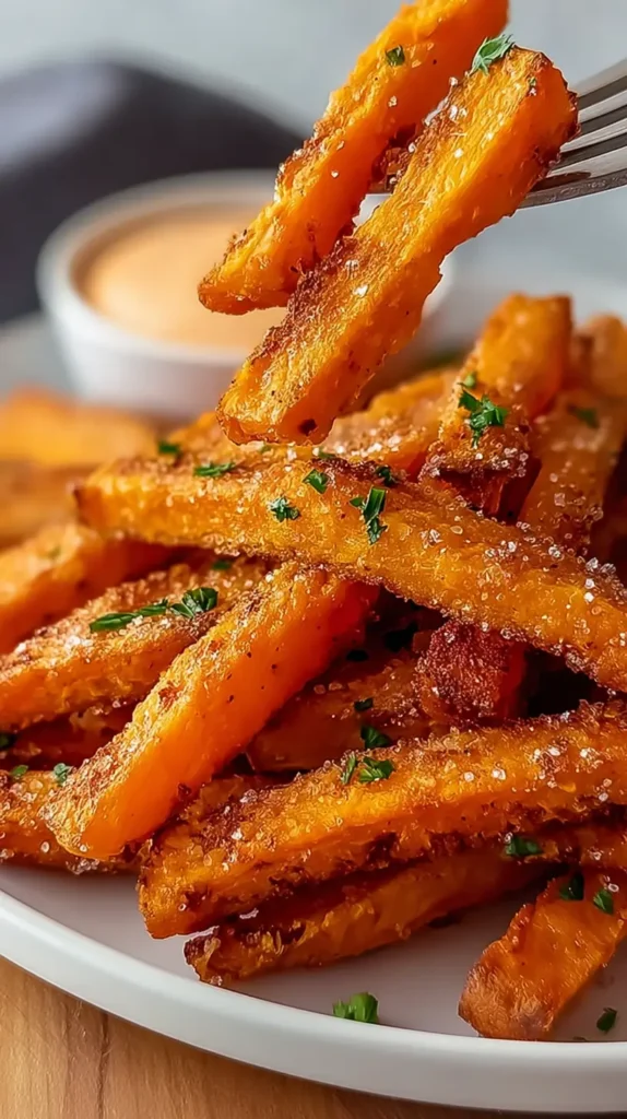 sweet potato fries being lifted by a fork