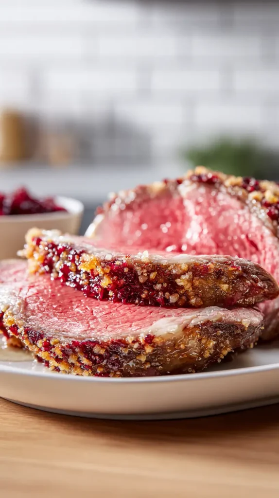 cranberry horseradish crusted prime rib slices