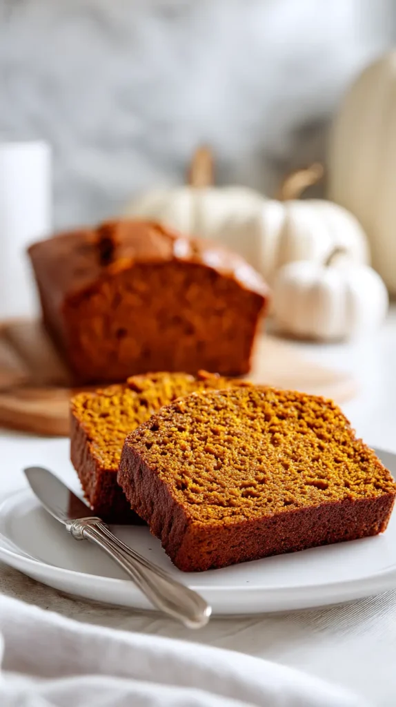 sliced pumpkin bread on a white plate