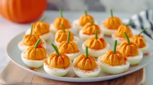 pumpkin deviled eggs on a platter
