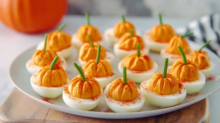 pumpkin deviled eggs on a platter