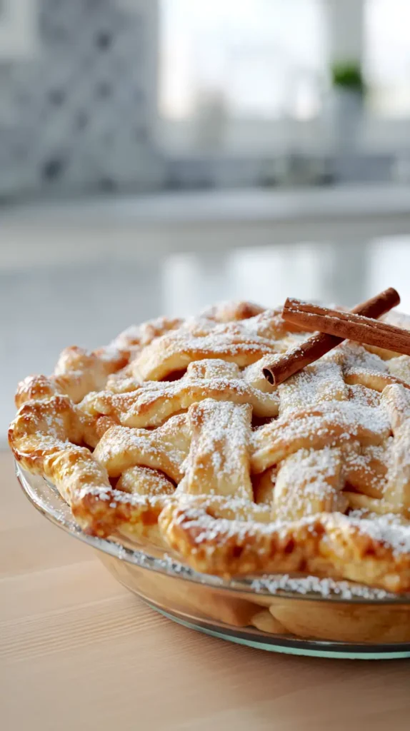 spiced apple pie with powdered sugar and cinnamon