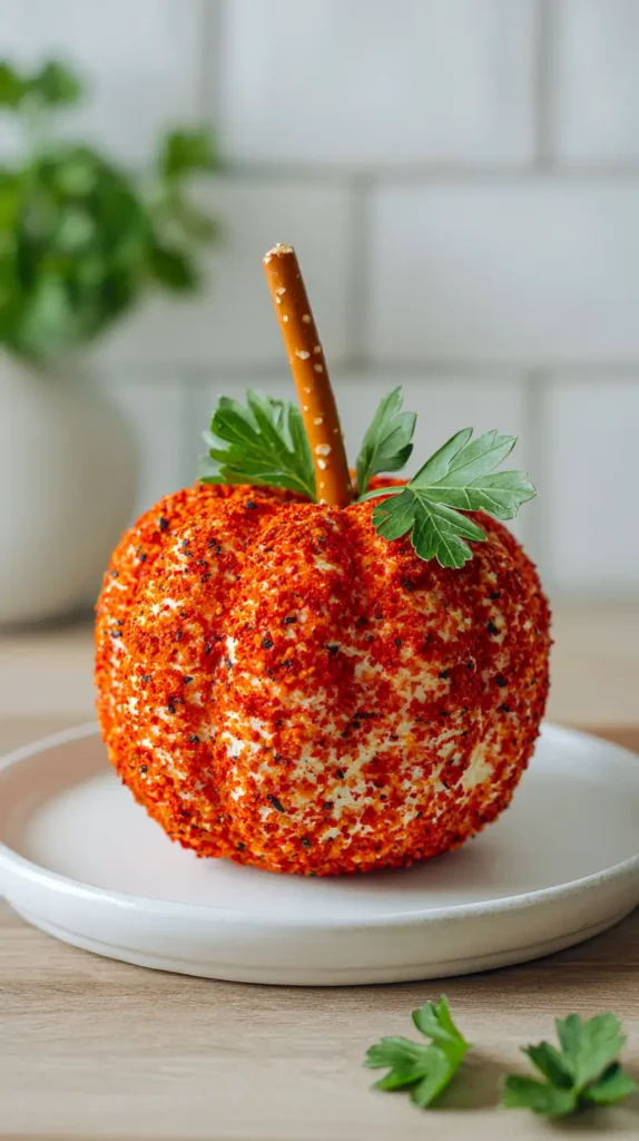 spicy pumpkin shaped cheeseball on a white plate