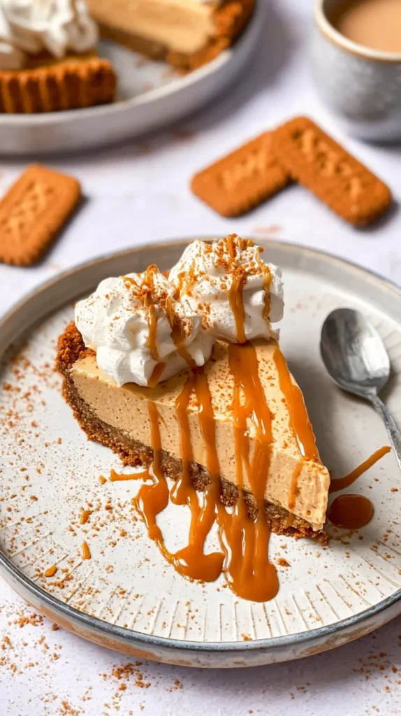 cookie butter pumpkin pie slice on a plate with whipped cream and caramel drizzle