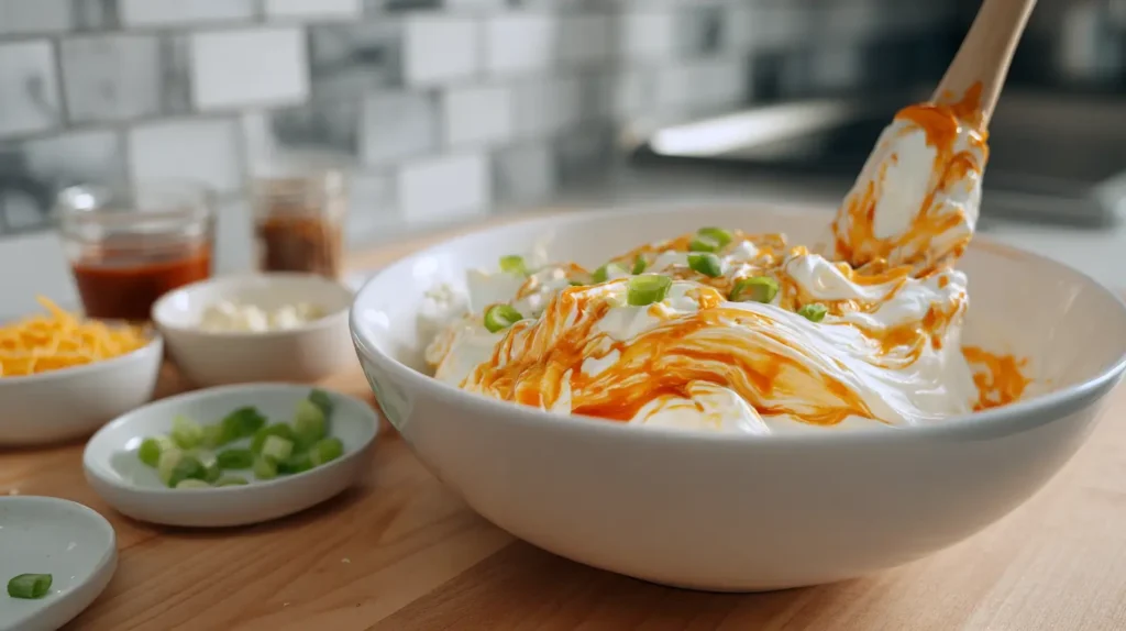 mixing ingredients in a bowl in the kitchen