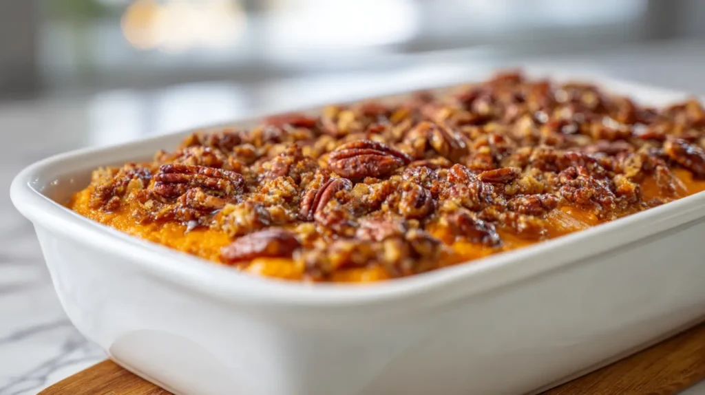 sweet potato casserole in a serving dish