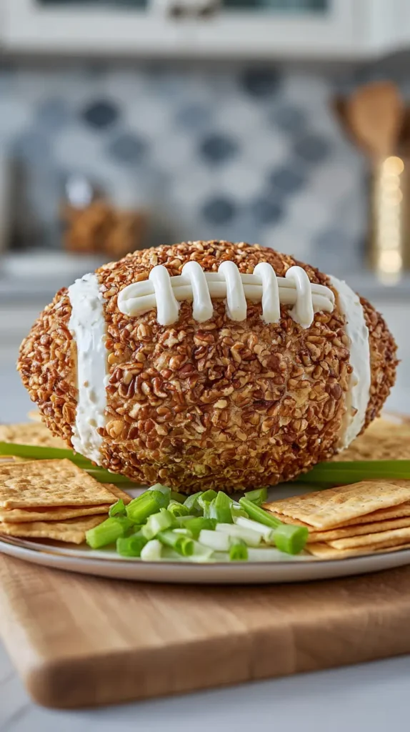 football shaped cheeseball, with crackers on the side