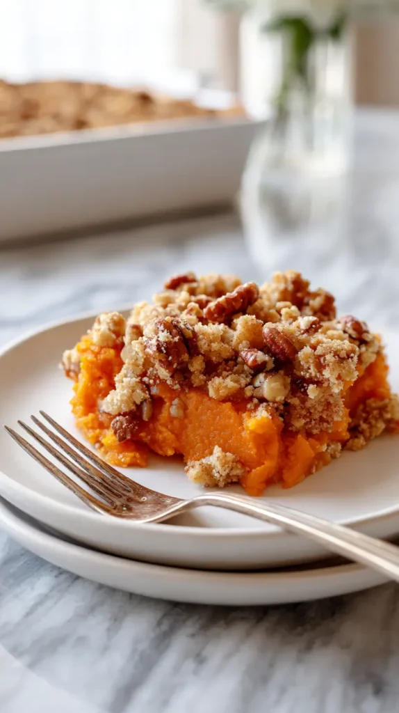 sweet potato casserole on a white plate