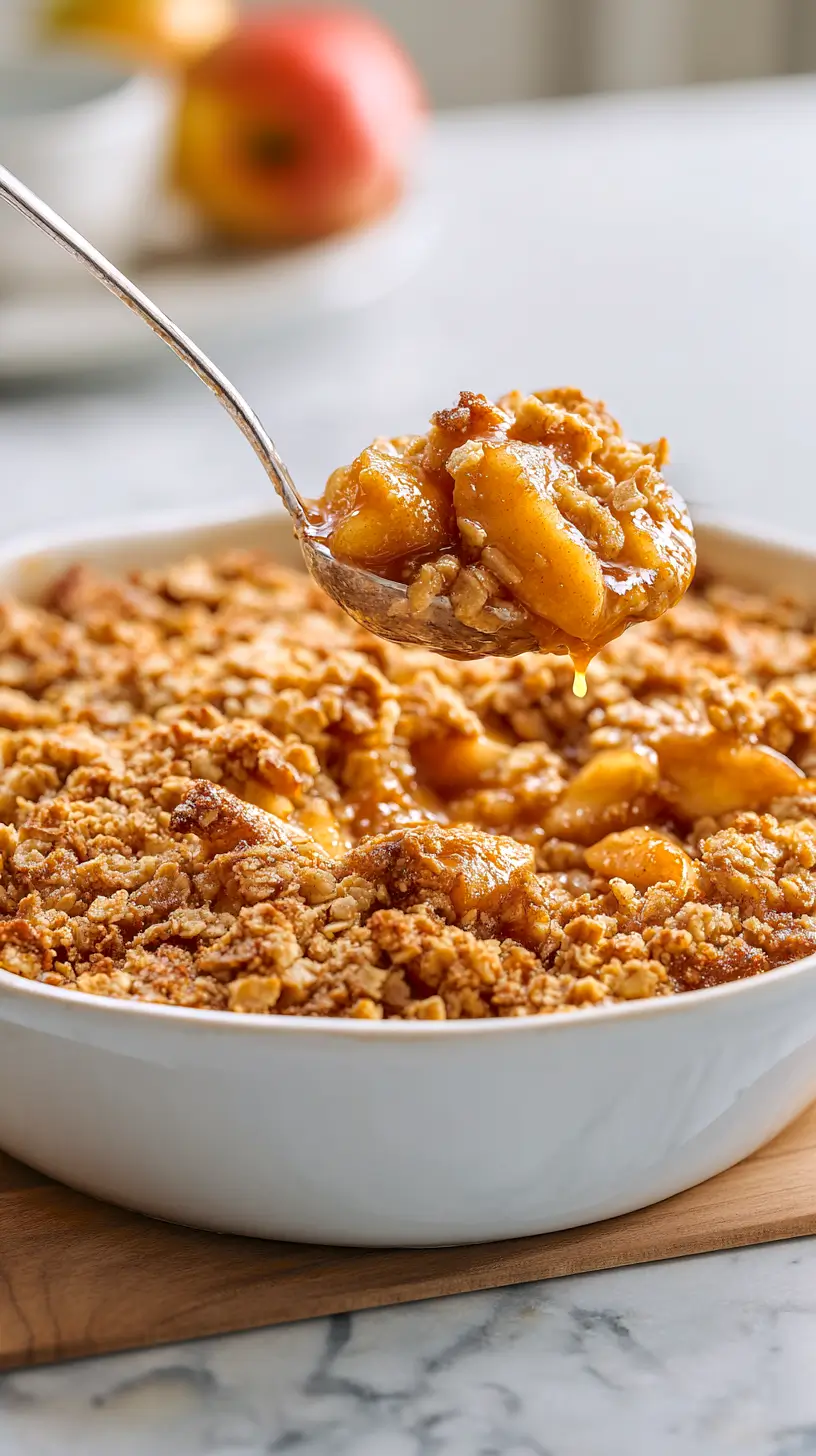 spiced apple crumble being lifted by a spoon